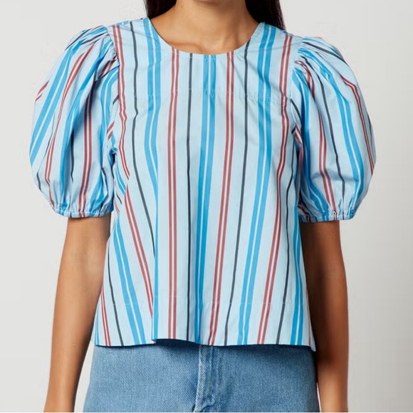 Ganni Striped Cotton Open-Back Blouse - EU 42/US 10 - Picture 1 of 8